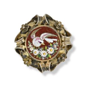 Micromosaïque - Broche à Thème Floral Et Ornithologique - Italie, 19e Siècle